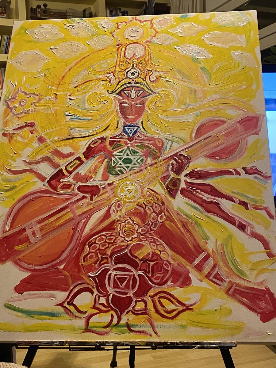 Agni Saraswati, early stage — the veena and chakra column laid in before the flames.