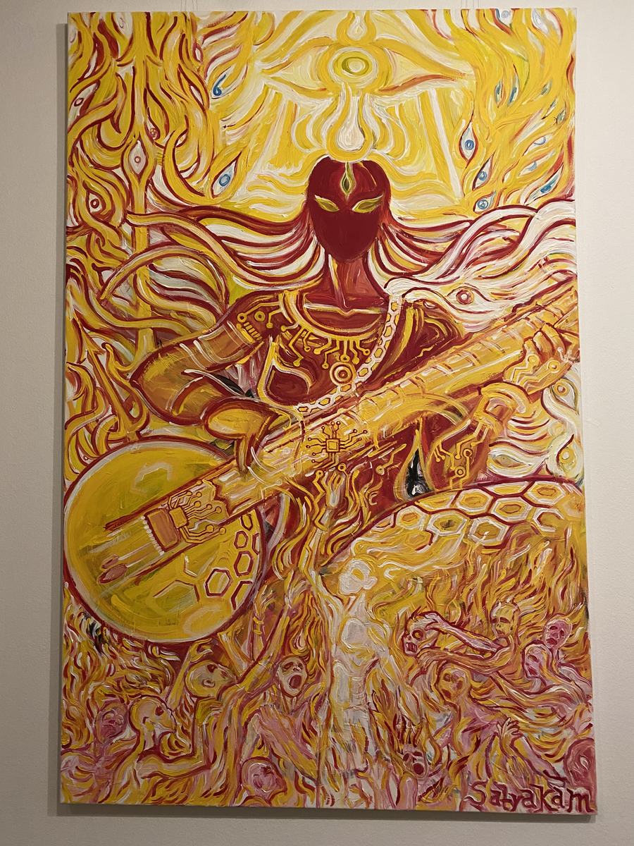 A finished canvas, signed, resting in the studio before it ships.